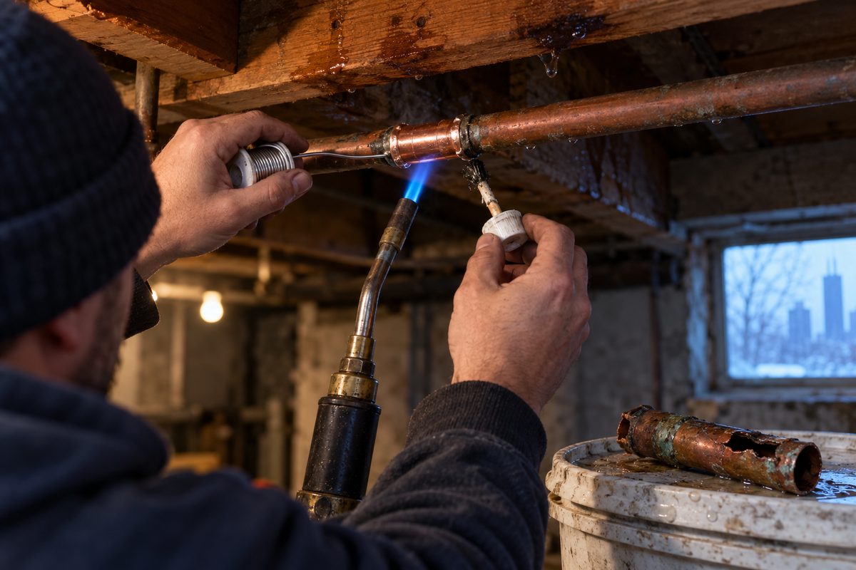 Plumber soldering a copper coupling onto a burst supply pipe in a basement ceiling