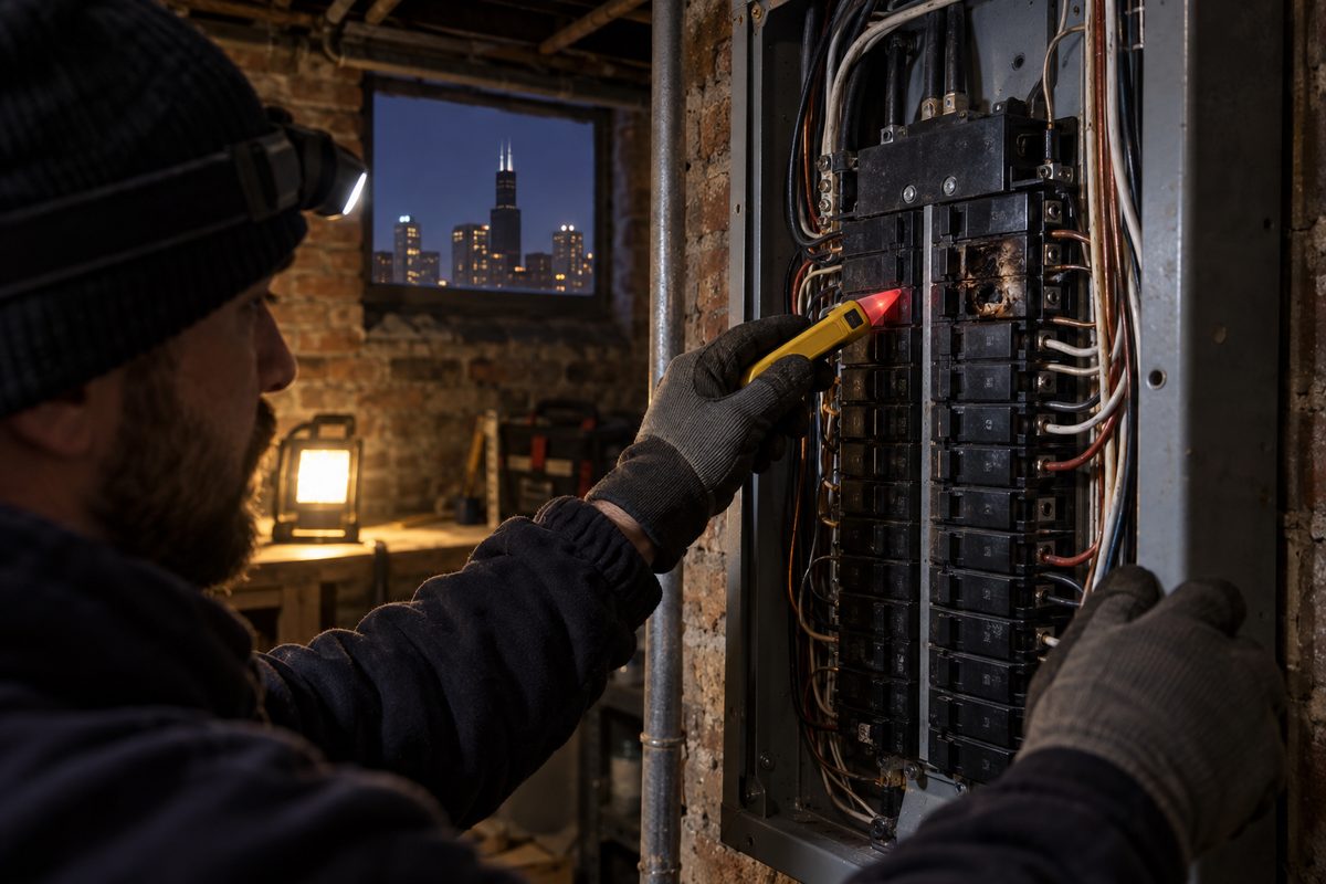 Electrician testing a breaker panel by headlamp during a night emergency call in a Chicago basement