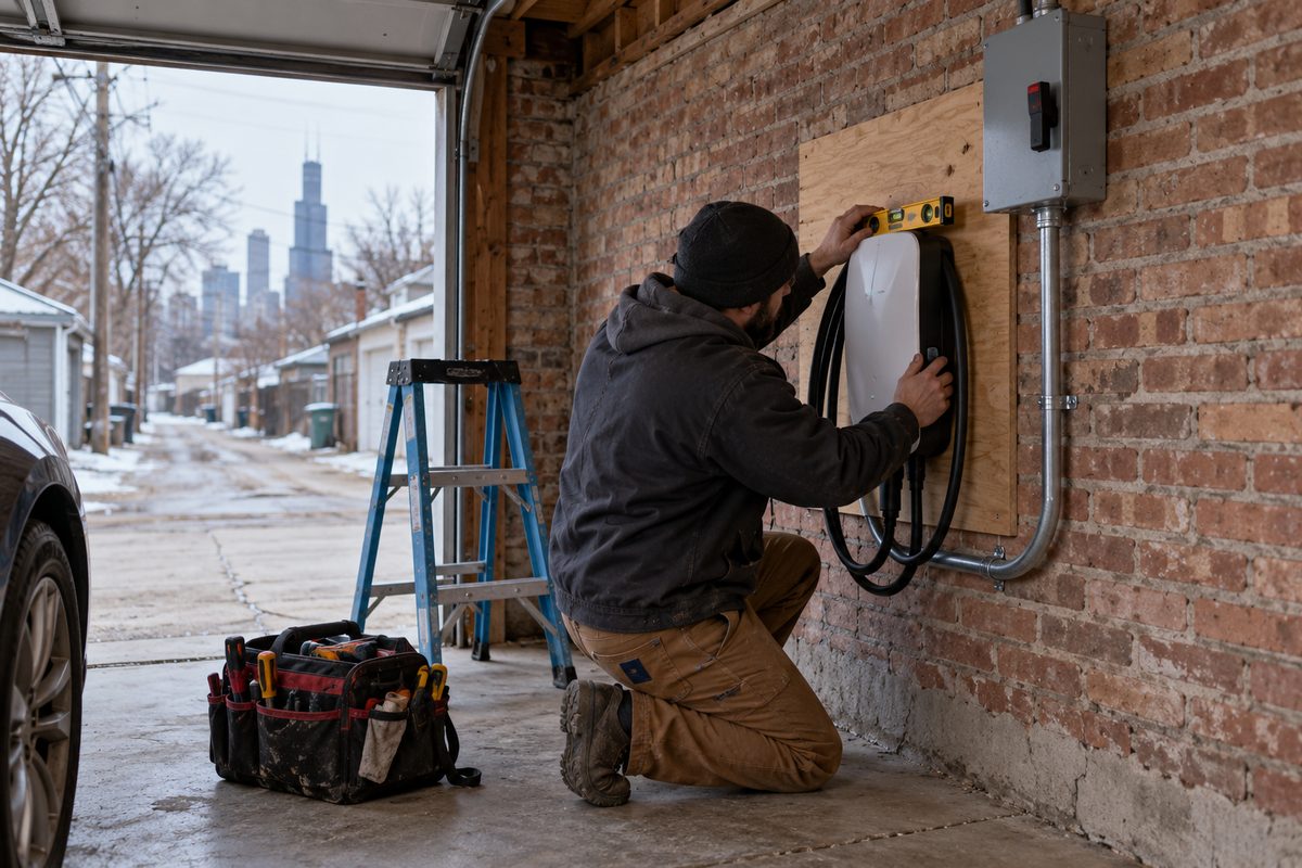Electrician mounting an EV charger with conduit run in a Chicago garage