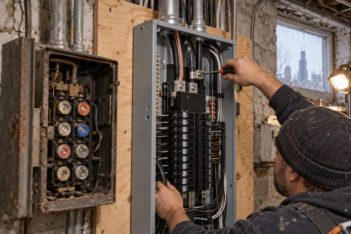 New 200 amp panel being wired beside the old disconnected fuse box during a service upgrade