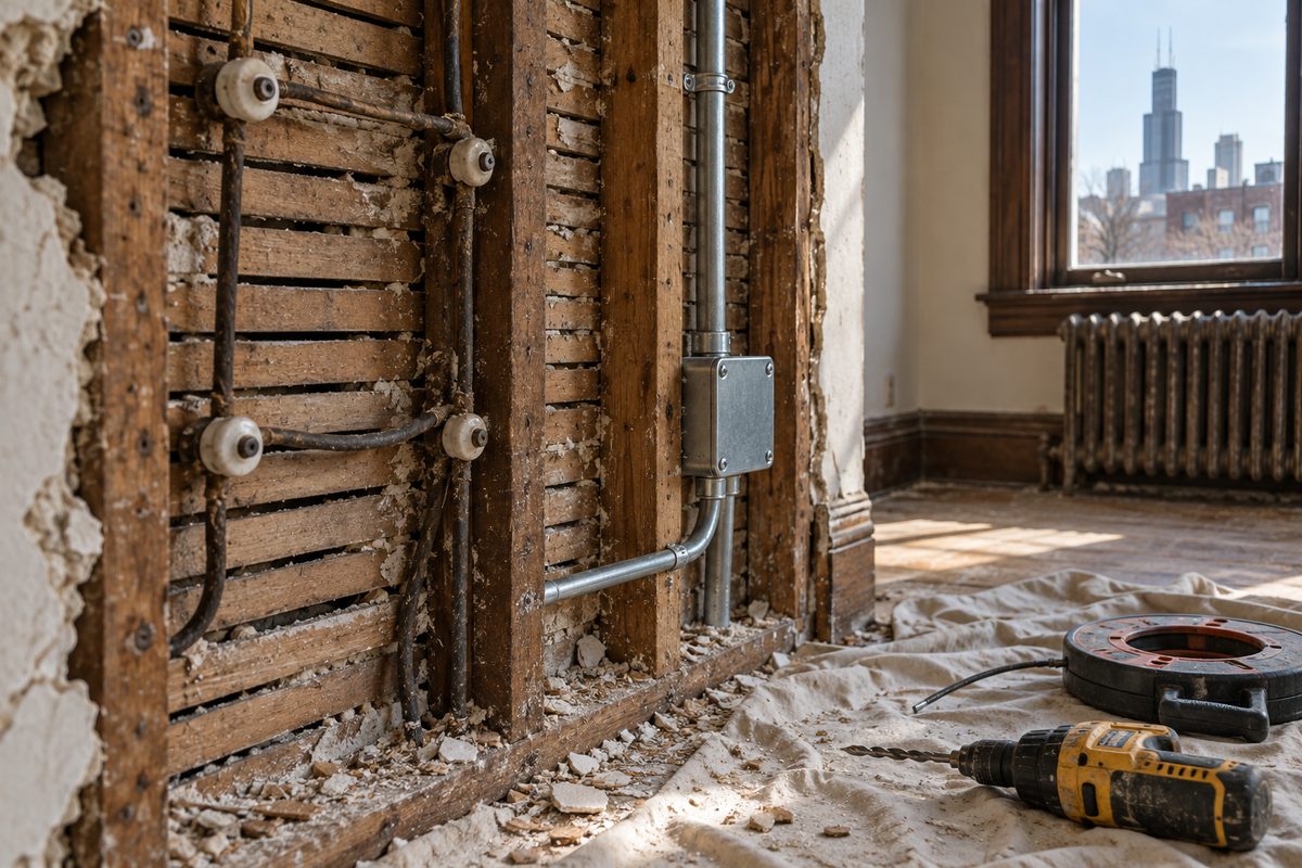 Old knob-and-tube wiring beside new metal conduit in an opened plaster wall