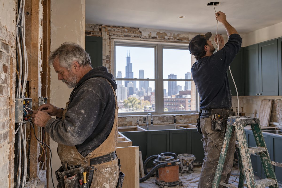 Two Sims & Sons tradesmen pulling new wiring in a kitchen under renovation