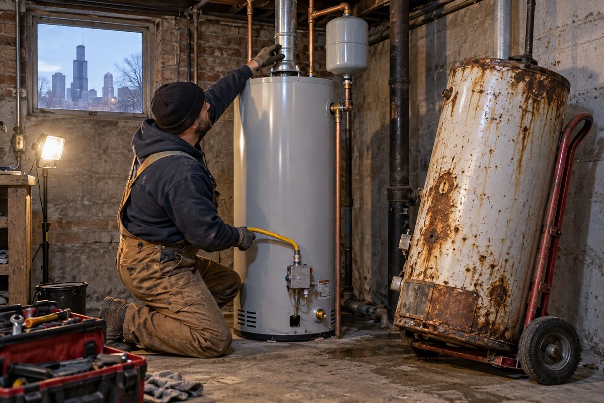 New gas water heater being connected beside the old tank on a hand truck