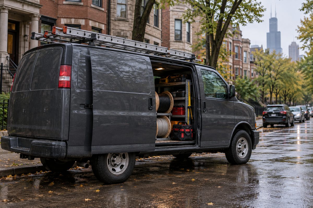 Work van with ladder and cable spools parked outside brick two-flats on a Chicago street