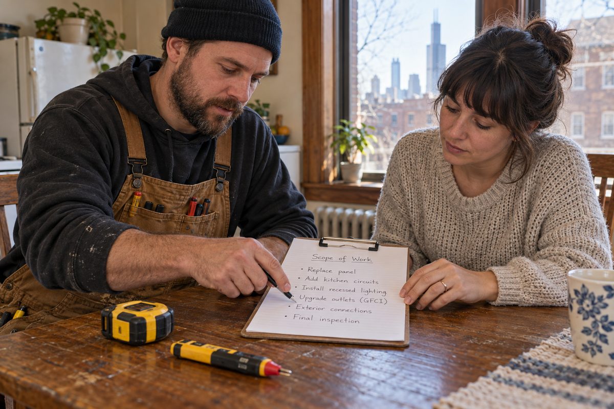 Electrician going over a written scope and quote on a clipboard with a homeowner at a kitchen table